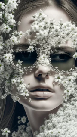 A beautiful face of a woman her skin and hair are made out of many very small white flowers, her eyes are covered with a white sunglasses