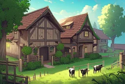 Farm, green grass, house, girl , cow tail, cow horne , no cow