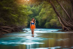 beautiful girl in blue short and orange top walking in water toward camera in trees next to wavy river with clear water and nice sands in floor.camera capture from her full body front