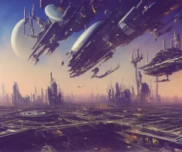 A Spaceship is taking off,Space Center on a heavy industrialized planet with a futuristic city in the background, (retrofuturistic:2), art by John Berkey, buildings with glass facades, brutalist architecture, insanely detailed, vibrant, 8k uhd, cinematic atmosphere, ultra-wide angle, street level view, brush strokes, blue sky with clouds, sharp focus