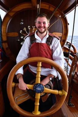 a cheerful sailor sitting on rum barrels aboard a sailing ship at sea, with the ship's steering wheel in the background