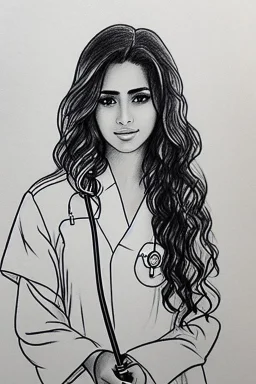 Pencil sketch of Young woman , nurse , Arab features,sad, long wavy hair, full body، on lined paper