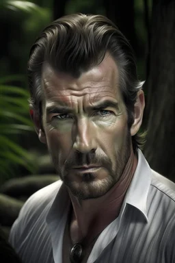 Portait young pierce brosnan as fantasy alpha werewolf in human form very muscular short cropped dark hair and stubble on chin, tribal tattoos wearing white button up shirt with rolled up sleeves realistic face, close-up, dark fantasy, fantasy forest, intricate details, hyper detailed, photograph