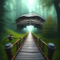 close up on realistic trike on wooden bridge in magical forest, spray painting, fantasy art book illustration