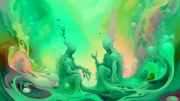 surreal and dreamlike, Two transcendent, spectral creatures with otherworldly, metaphysical qualities in a visionary, abstract composition, sophisticated muted-green color scheme, saturated, pastel, dreamy atmosphere, liquid psychedelic