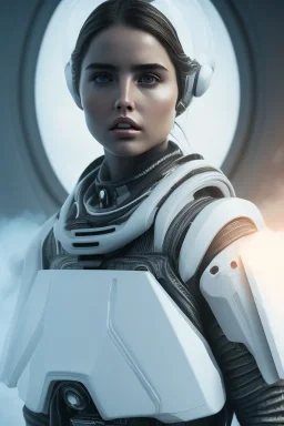 Ana de Armas, identical features, Black intergalactic pilot suit, portrait, bright white eyes, wearing high tech pilot breathing mask, beautiful face, white smoke, dark, rage, sorrow, high definition, ultra 8 k, volumetric lighting, blue fire, fog