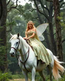 Beautiful princess Elf adorned she on riding white horse,beautiful forest giant trees oaks background