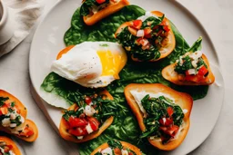 Bruschetta with chard, spinach, poached egg and dukkah plate, on table outside, using the Sony Alpha A7R IV, food photograpy style, macro lens, close up shot 50mm f/ 1.4