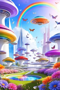 colors, very beautiful, flowers garden,rainbow, cité très futuriste ultra moderne, ufos rainbow, ufos fleet, intergalactic, birds, butterfly