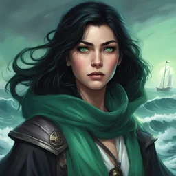 dungeons & dragons; digital painting; female; warlock; black hair; sea green eyes; sailor; the fathomless; soft light; soft; young; clothes for sea travel; teenager; dark clothes; no green clothes; ocean cloak