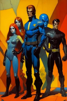 1970's dark fantasy cover dnd style oil painting of the x-men with sport outfits with minimalist far perspective. Magazine.