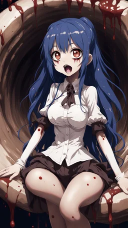 Anime girl with big eyes, darkblue and sepia tones, fullbody, slime, the perspective looking up from the bottom of an empty well, rolling eyes, tongue out, blood drip, open mouth, big thighs, long hair white,