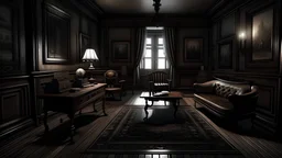 2.Create an image depicting the interior of the house, restored to its 1912 condition, with dimly lit rooms, antique furniture, and a lingering sense of tragedy.