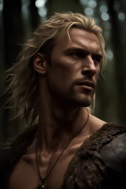 Tall muscular man, heavy set, aged 35 with light shaggy hair which falls around his shoulders, blonde neatly trimmed beard, bare chested, photorealistic, dark fantasy, forest.