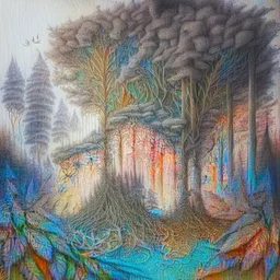 pencil Sketch a composition where intricate smoke patterns transform into a forest of towering trees made entirely of crushed weed leaves, filling the canvas with a surreal and visually captivating asymmetrical landscape.