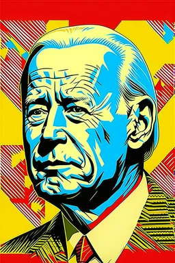 stylized stencil portrait of Joe biden in solid red, beige and (light and dark) blue with the mandarin characters for "obey" overlaid on the bottom of the image in yellow