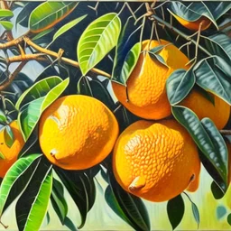 painting of citrus fruits, on a branch with leafs oranges realistic, acrylic paint