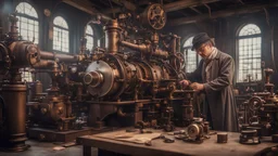 steampunk workshop, steampunk scientist in foreground tinkering with steampunk model steam engine on workbench, ultra realistic, 8k ultra detailed, beautiful photograph, colourful hdr cinematic postprocessing, soft natural volumetric cinematic perfect light, chiaroscuro, award-winning photograph, masterpiece, Raphael, Caravaggio, Bouguereau, Alma-Tadema