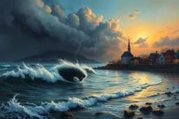 Beautiful masterful painting of a November dusk at the edge of the waterside town, waves and a sea monster in the stormy waters, lightning, tornados, meteor shower