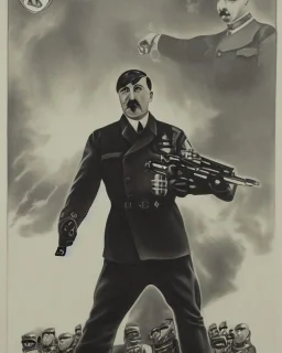 portrait of Hitler holding a gun, full, detailed, cinematic, post apoclypse world