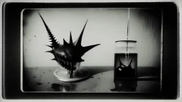 the case of the thorn demon with the fish juice, polaroid, minimal, dada, surreal, old black and white