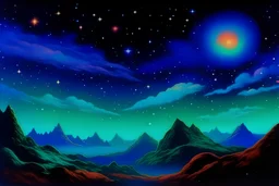 Colourful galaxies and landscapes in space, 1990s grainy film, fluorescent