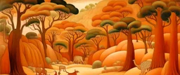 A light rosy orange colored savanna with underground moles painted by Diego Rivera
