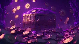 a giant of chest and coins, purple tones, dreamy, psychedelic, 4k, sharp focus, volumetrics, trippy background