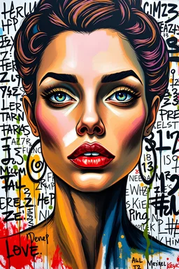 realistic artwork masterpiece painting of a front complex woman colored face (detailed eyes, nose, mouth , neck), background with ink drawings, text, letters, shapes, numbers, all around, street art, pop art, (abstract busy background), UHD, 4k, crisp