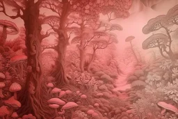 A pink forest with fairies and mushrooms designed in Mehndi design painted by Lucas van Leyden