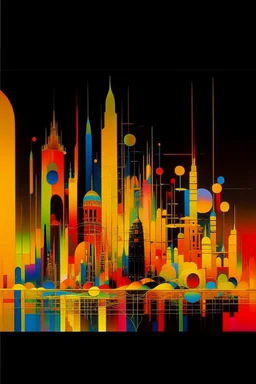 A gold futuristic city with multicolored neon lights painted by Wassily Kandinsky