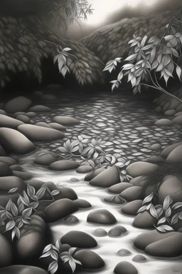 水墨画画出茶叶漂浮在溪流上
