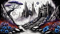 Ink wash painting with fine drawing with black pen, grunge, rust, detailed, light gray, black, almond, light red colors, stone ruins on old planet, fantasy style, close up black purple and blue weird alien flowers , splash art, stonecrop wall, dreamy, surreal fsci-fi mood, foggy lights, detailed, high contrast, masterpiece