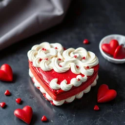 heart shape cake in red color in whipped cream red color