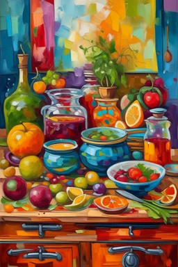 Infuse the kitchen with whimsy by creating a vibrant oil painting that celebrates the joy of cooking. Depict playful culinary scenes, colorful ingredients, and the essence of shared meals."