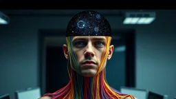 human figure visible only up to the shoulders of colorful threads , the threads forming the head, behind the threads in his head visible the dark universe with a few stars, he looking at the camera, in the background is gray and blurry office background, surreal image, detailed, sharp contrasts, realistic, cinematic, weird vibe