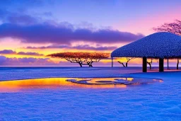 Honolulu Hawaii hotels covered in winter snow and ice at sunrise, winter wonderland