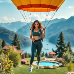 very beautiful lady with beautiful sports pant and top and sports shoes with curvy hair in a nice balloon flying in a nice villa yard with trees flowers ,in country side in floor of beautiful mountains ,sea with ships ,water falls ,