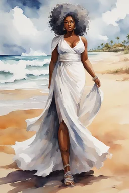 Create an urban culture watercolor painting of a beautiful thick black female wearing a soft white maxi dress and a white hair wrap. Prominent make up with lush lashes. Highly detailed tightly curly afro. Background of her walking in the sand by the ocean.