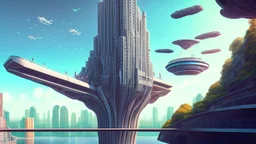 people watching a futuristic ship flying above a utopian metropolis. bridges, roads, balconies, trees, dense foliage, river, pathways, detai...