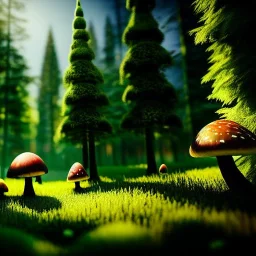 Sacred forest on an alien planet, giant trees, cute mushrooms, glowing flowers, bright sun through trees, little cabin, highly detailed, artstation, concept art, smooth, sharp focus, illustration, 8k