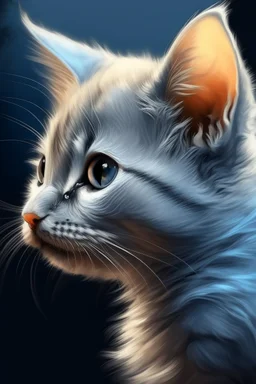 An illustration of grey kitten with bright blue eyes in a style of watercolor, profile view, golden hour, , realistic, high resolution, volumetric, chiaroscuro