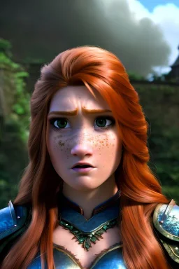 hyper realist, hyper detailed, stunningly beautiful teen woman, long ginger hair, green eyes, medium freckles, full lips, skimpy fantasy intricate leather armour, full body and head, c-cup breasts, shocked expression, centred camera, full frame, petite, centered camera