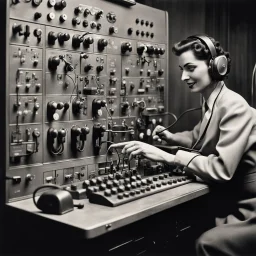 vintage technology, 1950's telephone operator working switchboard connecting callers through plugs keys and connecting cords, vintage photography, dramatic, nostalgic, hyperrealistic,