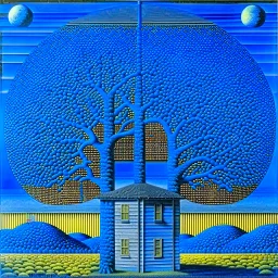 A lone house with trees and a moon René Magritte Max Ernst pointillism decal bas-relief expressionism