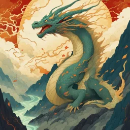 Bordered digital illustration of a ethereal lightning Dragon Emperor upon a mountain by Victo Ngai. Torat card, Hanafuda style. High quality, masterpiece.