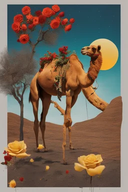 A weird abstract image of an oasis, a camel, astronot, broken bicycle, bush of yellow roses, clear skies with red moon