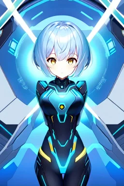 Girl with golden eyes and light blue short hair, futuristic