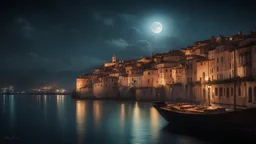 dream world, Italian city harbour, calm beauty, fantasy world, magic, night, darkness, moonlight, starlight, splendor, uplifting, inspiring, therapeutic, chiaroscuro, color, award-winning colour photograph, beautiful composition, Nikon 135mm