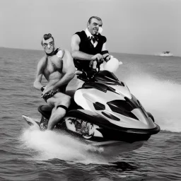 Photo of Sean Connery in a kilt riding a jet ski with a rose in his mouth